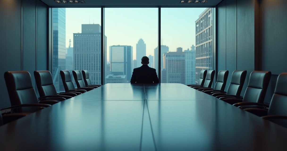 Líder sentado isolado em uma sala de reunião vazia. 