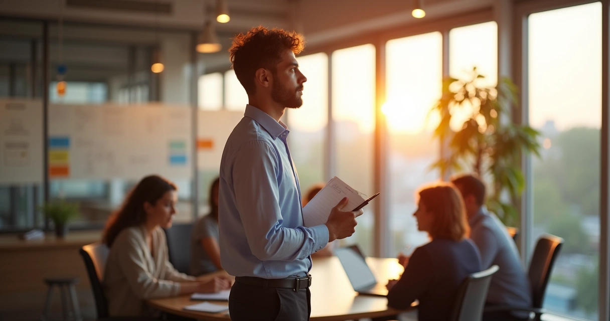 Líder jovem refletindo em sala de reunião moderna com equipe ao fundo 