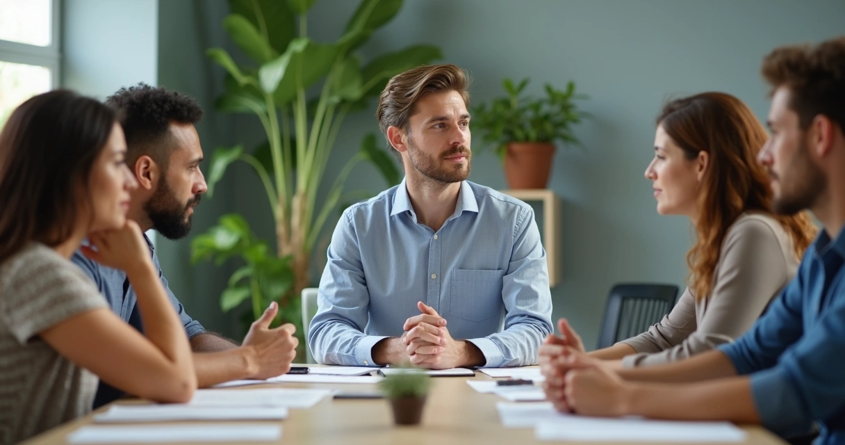 Jovem líder escutando atento em reunião com equipe diversa 