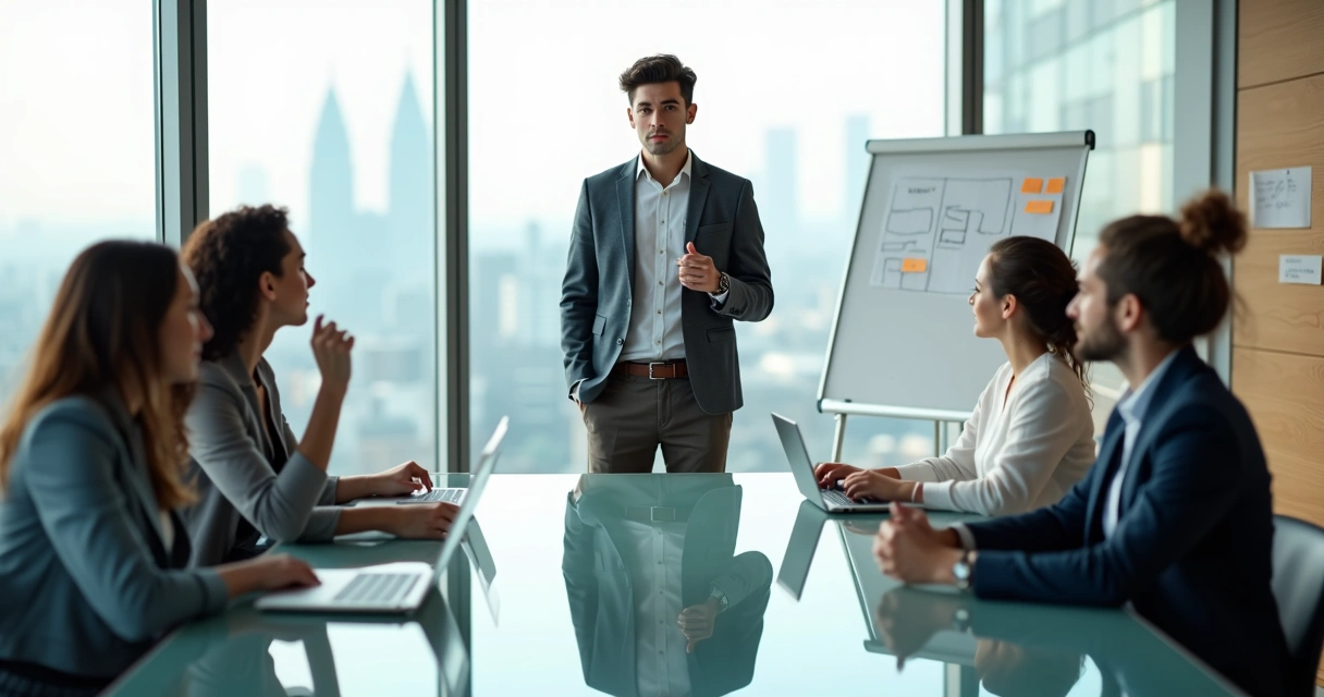 Líder joven en reunión con equipo en oficina moderna 