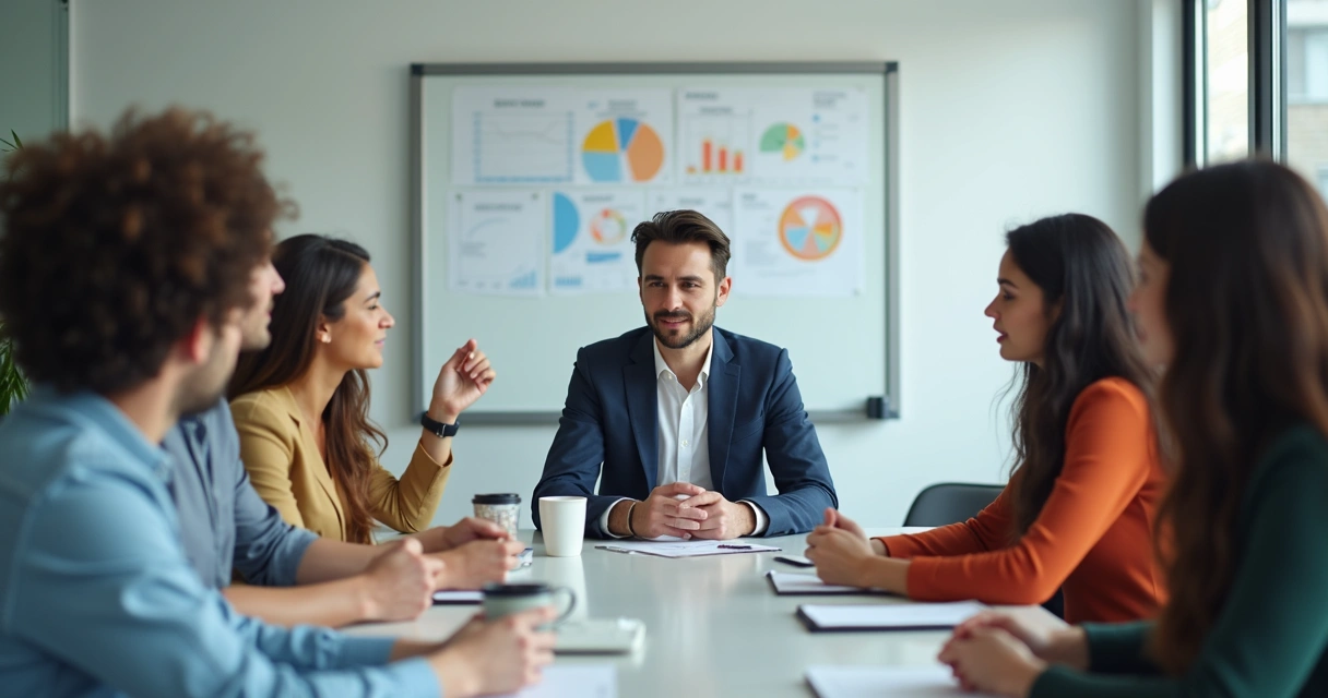 Persona en sala de reuniones guiando conversación con gestos abiertos y calmados 
