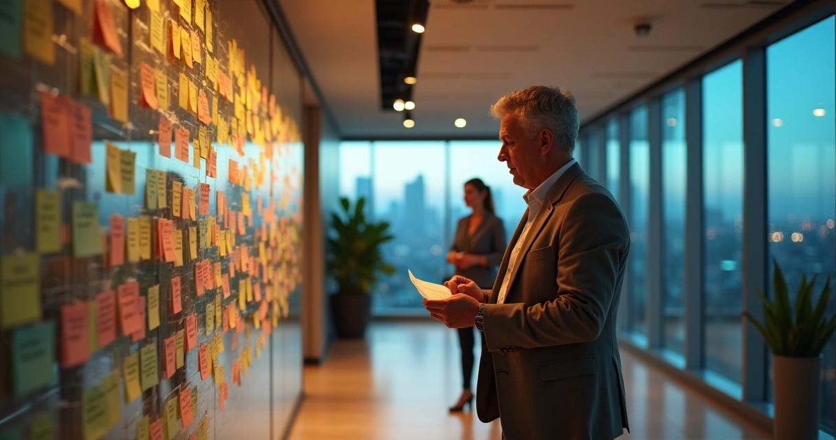 Líder observa mural cheio de bilhetes de expectativas sobrepostas 