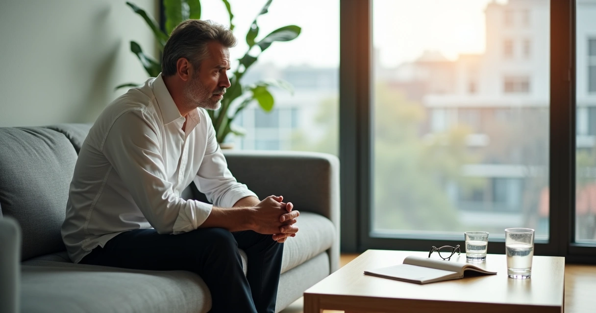 Líder sentado em escritório calmo refletindo sobre limites emocionais 