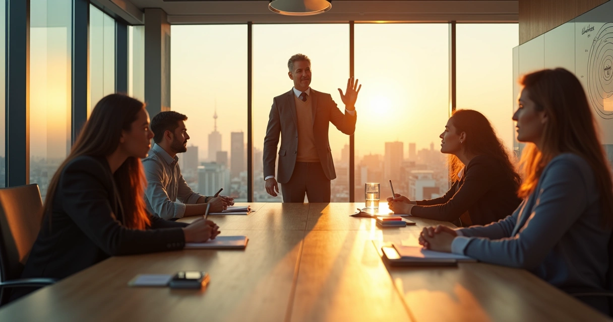 Líder en una sala de reuniones marcando límites emocionales con su equipo 