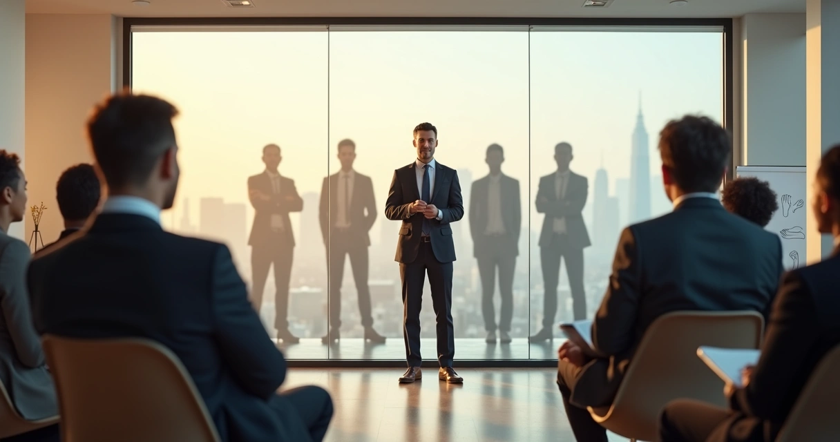 Líder em sala de treinamento mostrando diferentes posturas corporais 