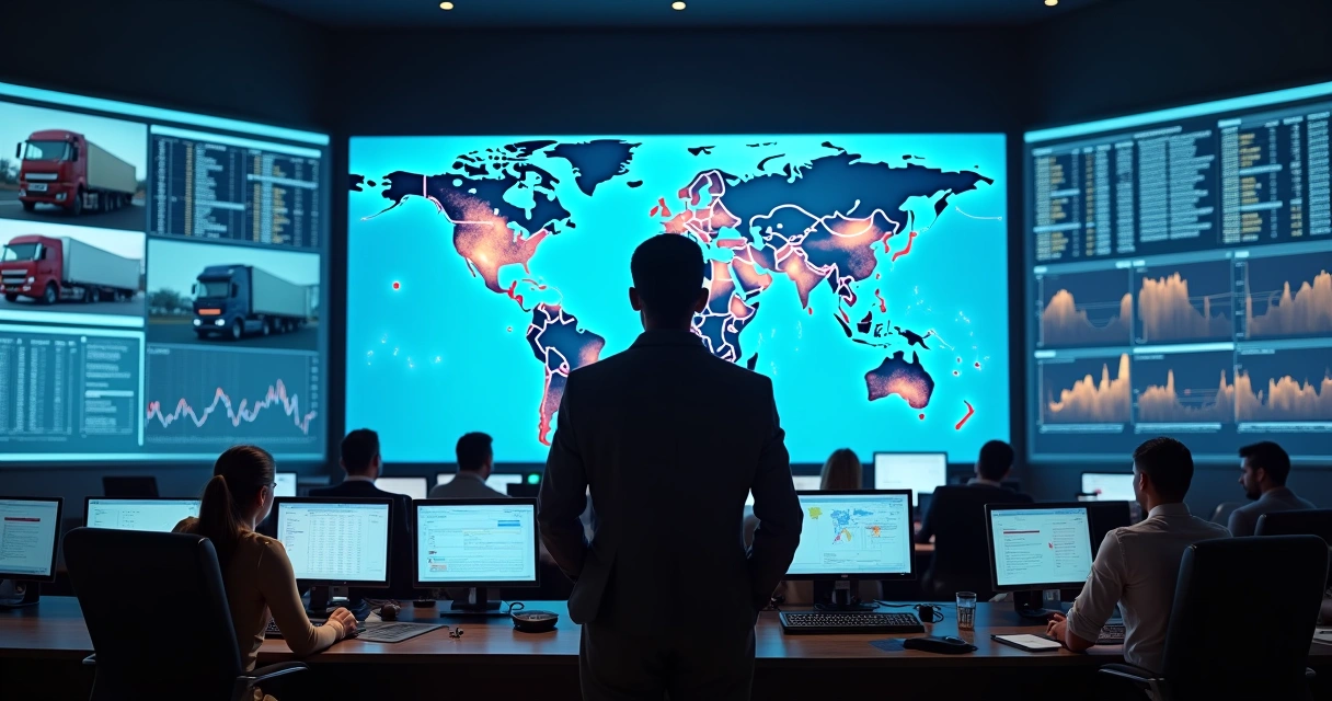 Líder logístico em centro de controle com monitores de rotas