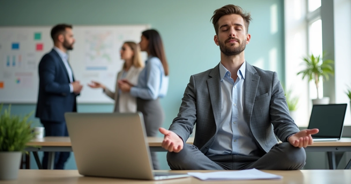 Líder em ambiente profissional sentado em meditação. Pessoas conversam ao fundo, mas ele está focado, transmitindo tranquilidade.