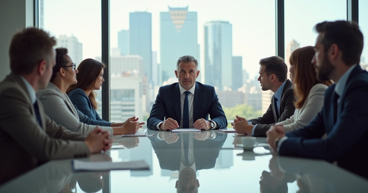 Líder de negocios sentado en una mesa de reuniones con gesto serio durante una conversación con su equipo