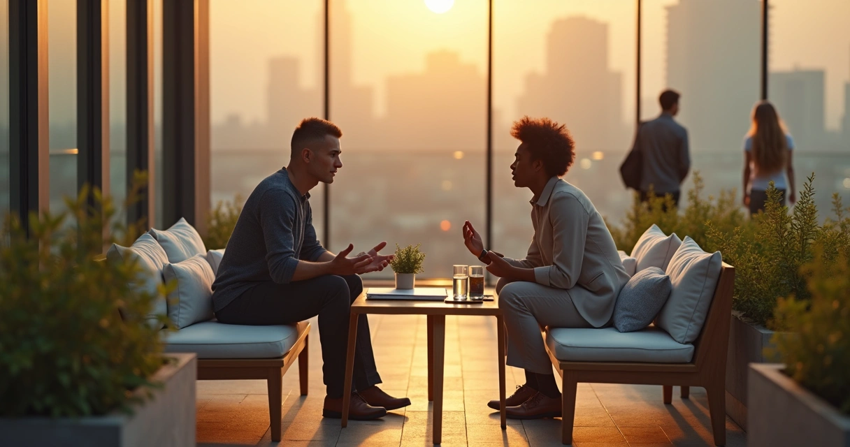 Líder sentado em banco de madeira em conversa individual com colaborador em espaço externo de empresa 