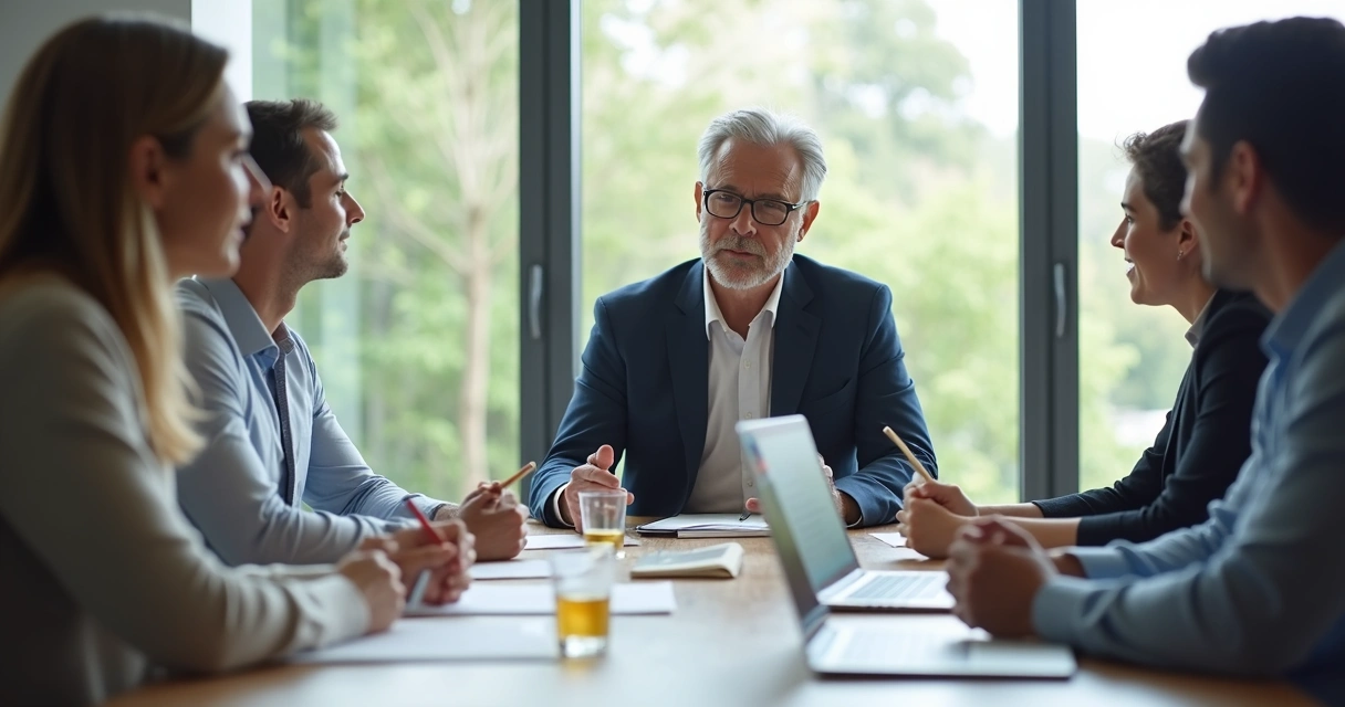 Líder maduro dialogando con su equipo en una sala de reuniones moderna. 