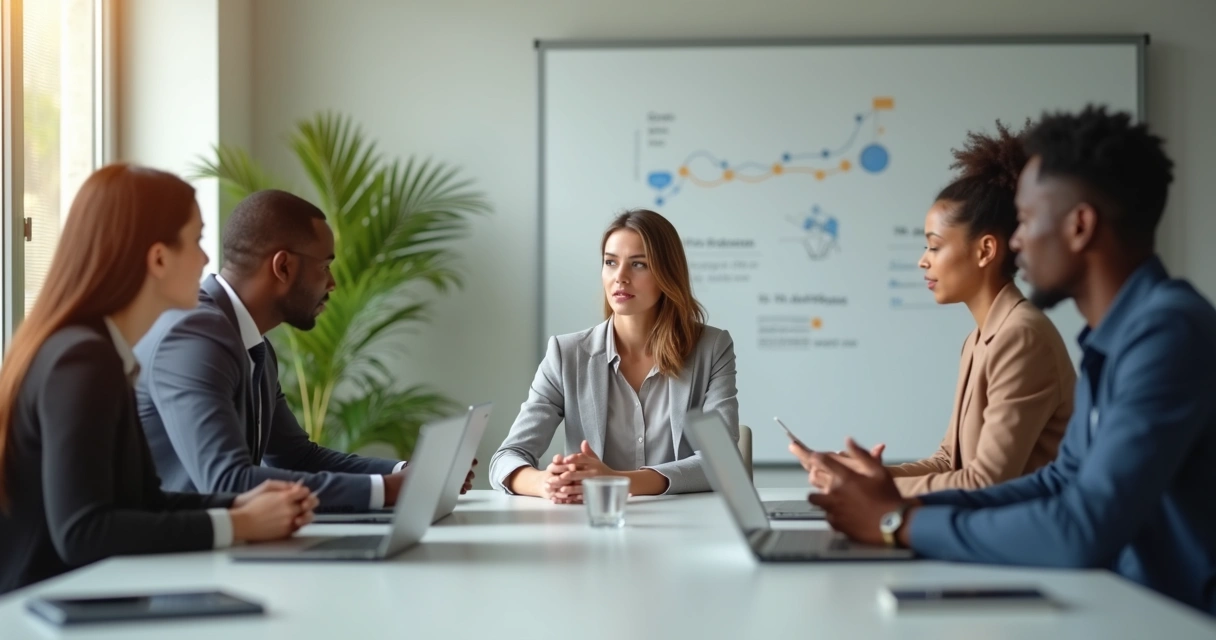 Líder escuchando con calma a su equipo en una sala de reuniones luminosa 