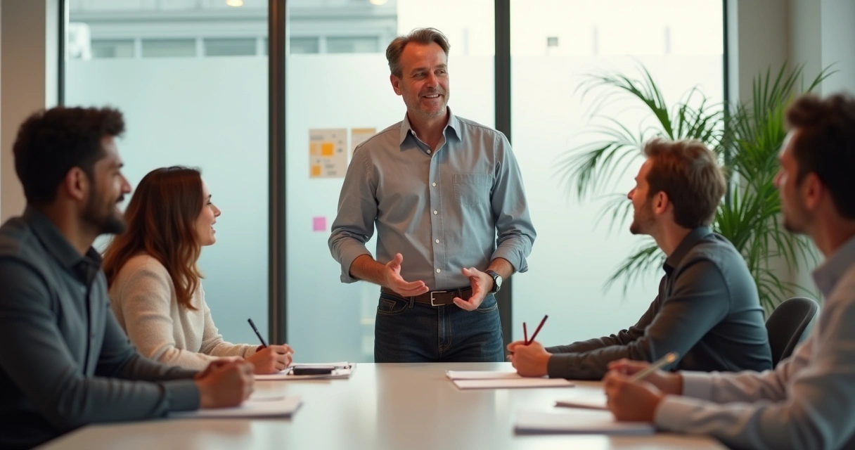 Líder sereno guiando reunión de equipo en oficina moderna 