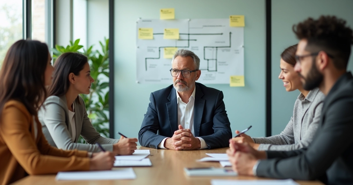 Líder em reunião com equipe mostrando escuta ativa e calma 