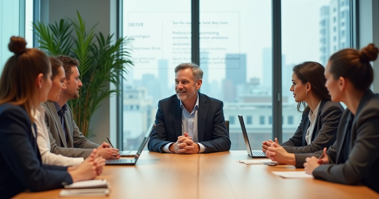 Líder em reunião calma com equipe diversa em sala moderna 