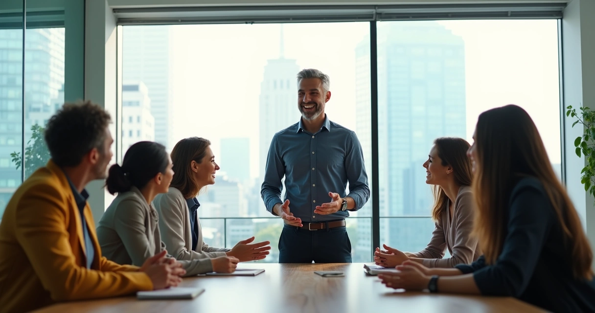 Líder em reunião guiando equipe em ambiente moderno e iluminado 
