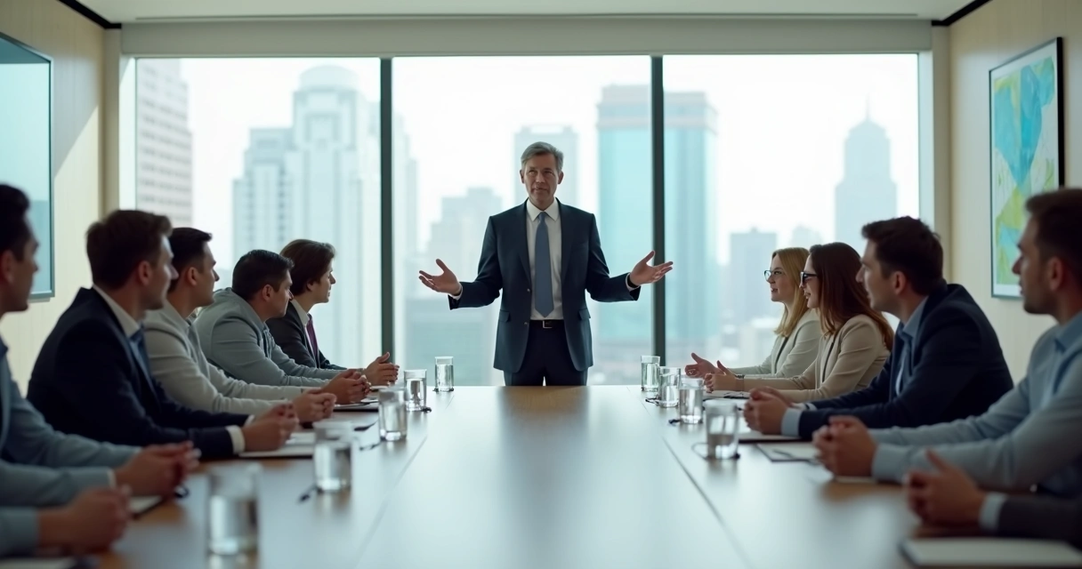 Líder em reunião mediando conflito entre dois grupos em uma sala corporativa 