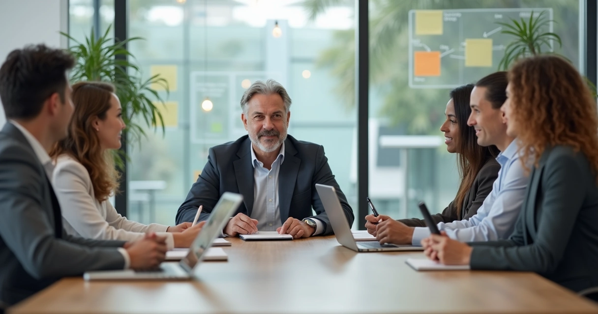 Líder em reunião com equipe demonstrando escuta e postura calma 