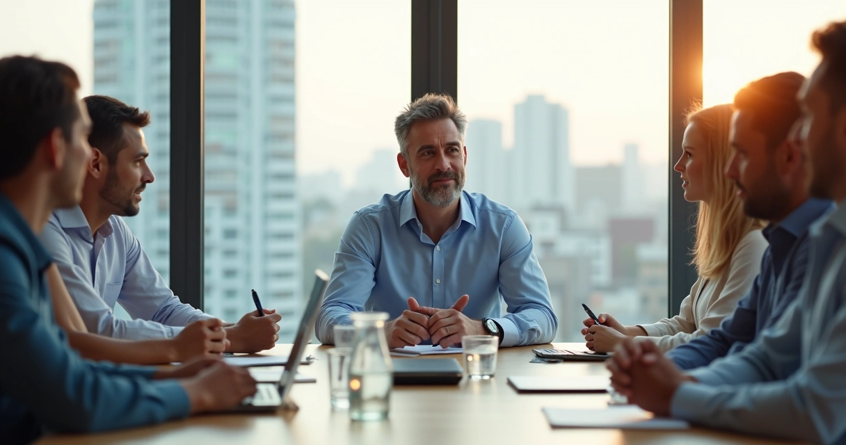 Líder em reunião com equipe demonstrando calma e escuta atenta 