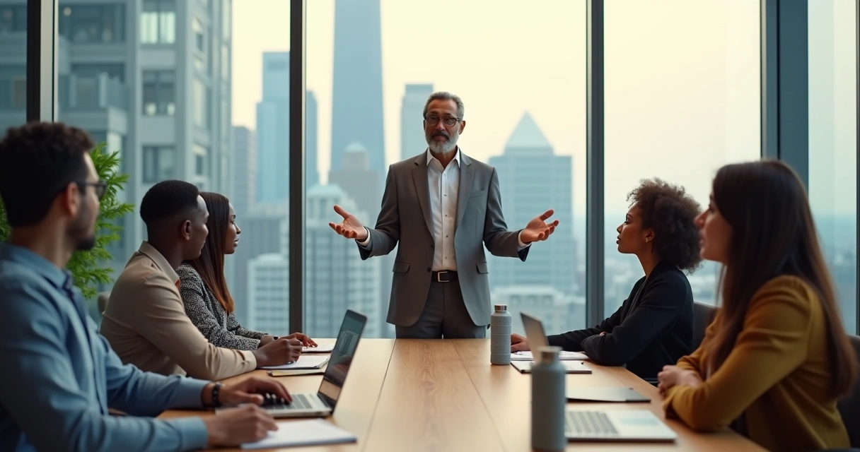 Líder em reunião calma com equipe diversa em escritório moderno 