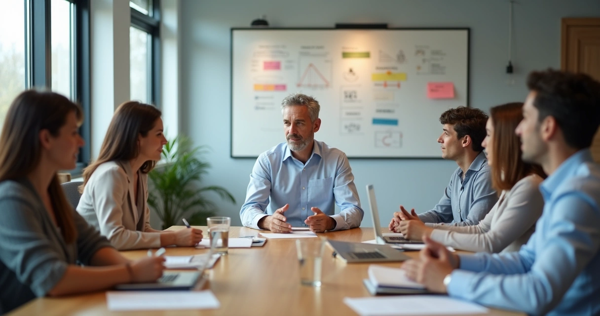 Líder em reunião com equipe mostrando escuta atenta e postura calma 