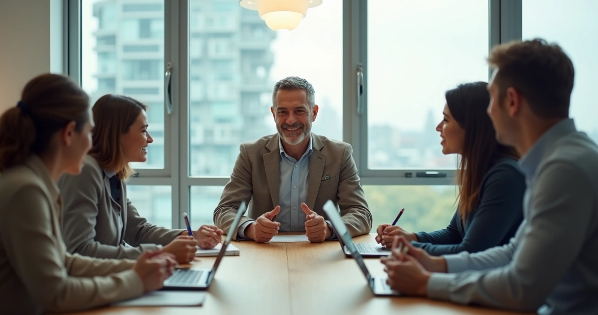 Líder sereno guiando una reunión con su equipo en una oficina moderna iluminada 