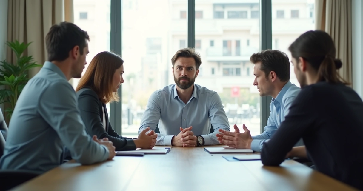 Líder calmo em reunião com equipe agitada 