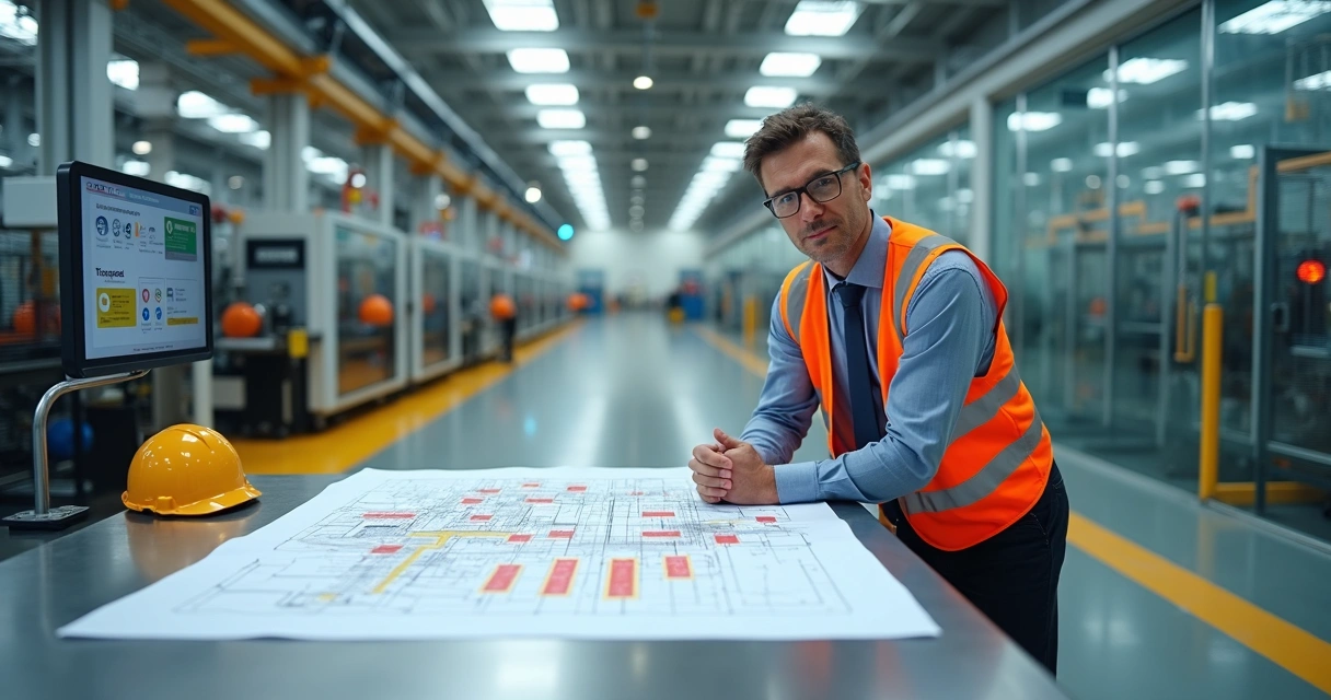 Líder de manutenção analisando planta de fábrica com foco em segurança de máquinas 