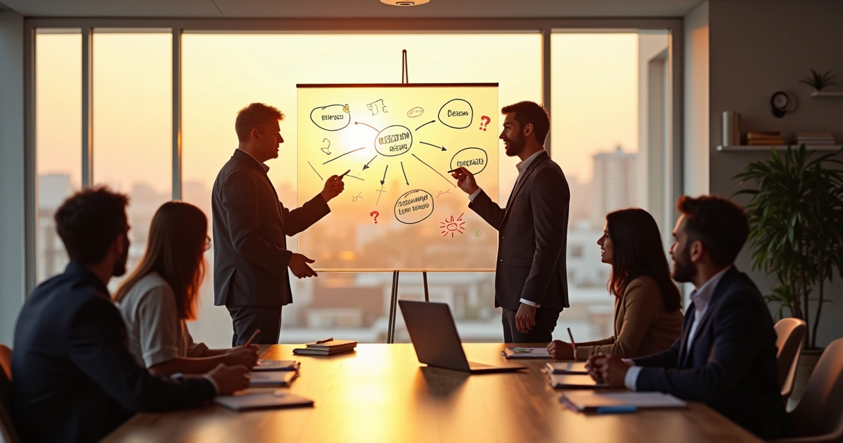 Líder dibujando mapa de delegación consciente en pizarra transparente 