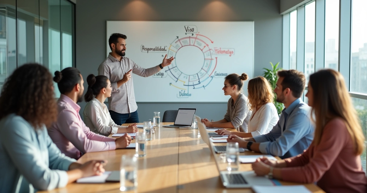 Líder conduzindo reunião com equipe diversa em sala clara e moderna 
