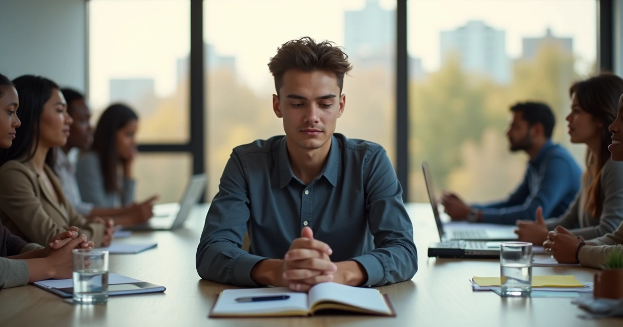 Líder sentado em sala de reunião refletindo com calma e foco 