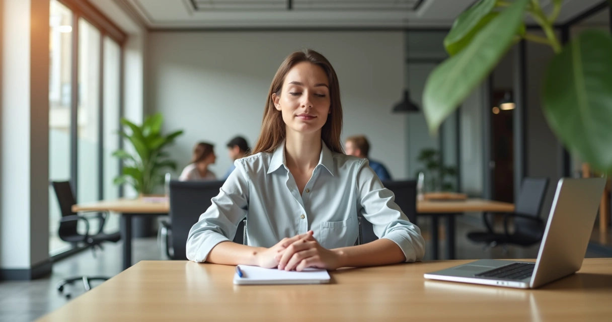 Profissional sentado em escritório moderno respirando fundo com postura tranquila 