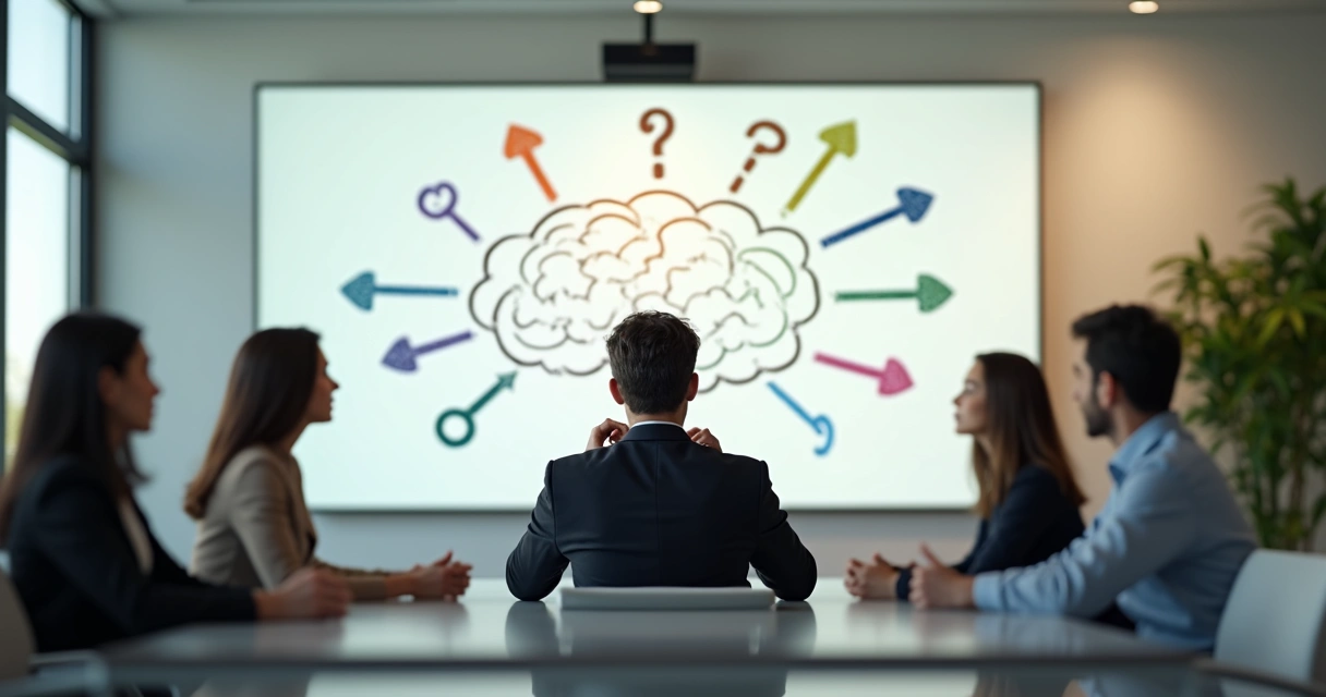 Líder em reunião refletindo diante de várias setas e ícones contraditórios em quadro branco 