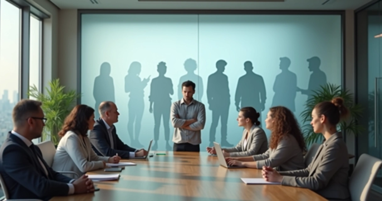 Líder em reunião olhando para um painel com sombras projetadas atrás dele 