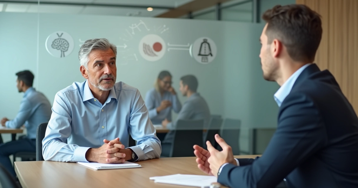 Gestor avaliando líder em potencial com equipe ao fundo em ambiente corporativo moderno 