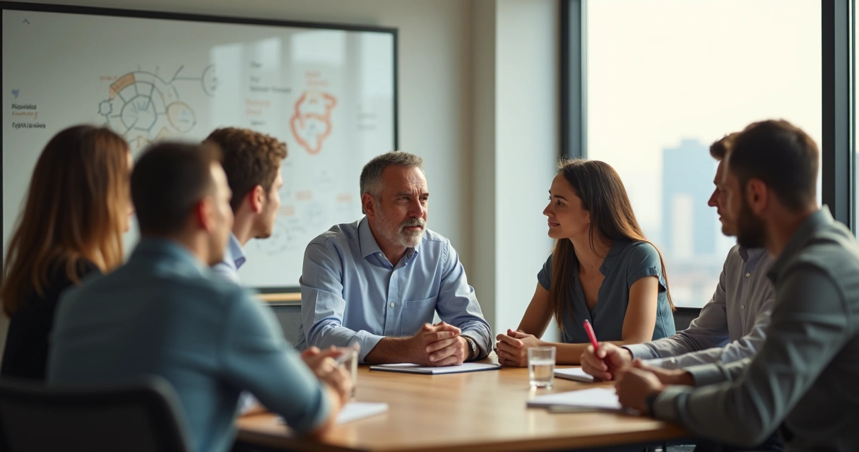 Líder sereno conduzindo reunião com equipe em círculo 