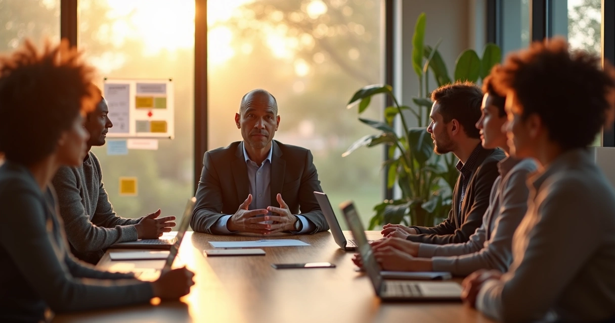 Líder sereno em reunião guiando equipe com postura consciente 
