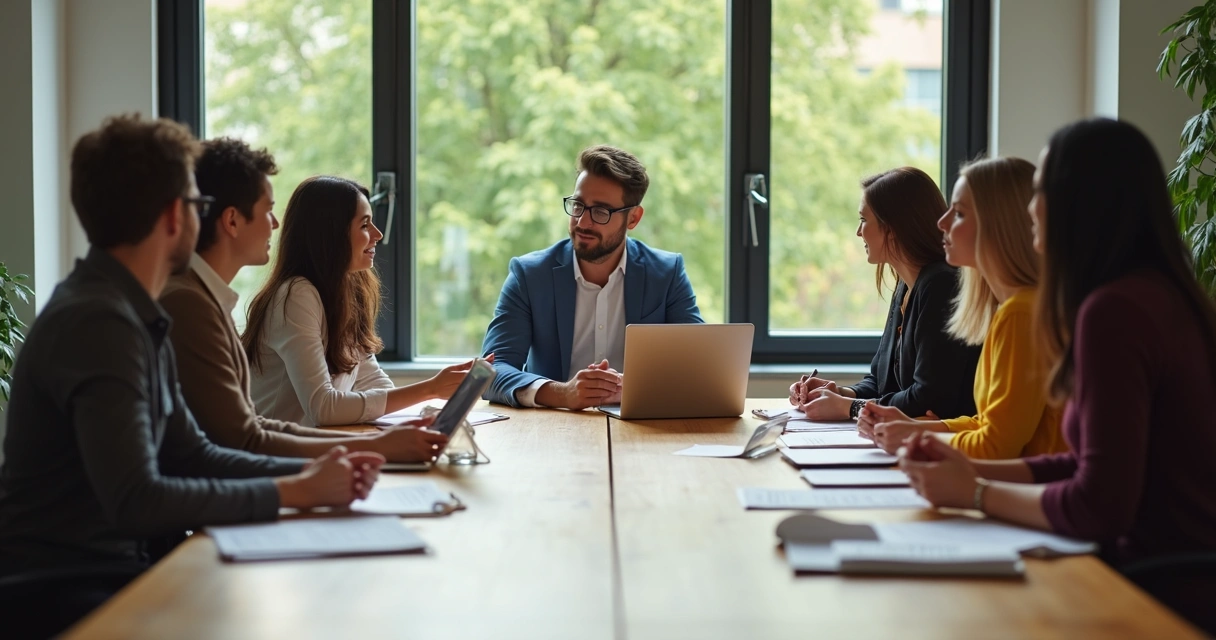 Líder conduzindo reunião de mediação com equipe em sala de reuniões 