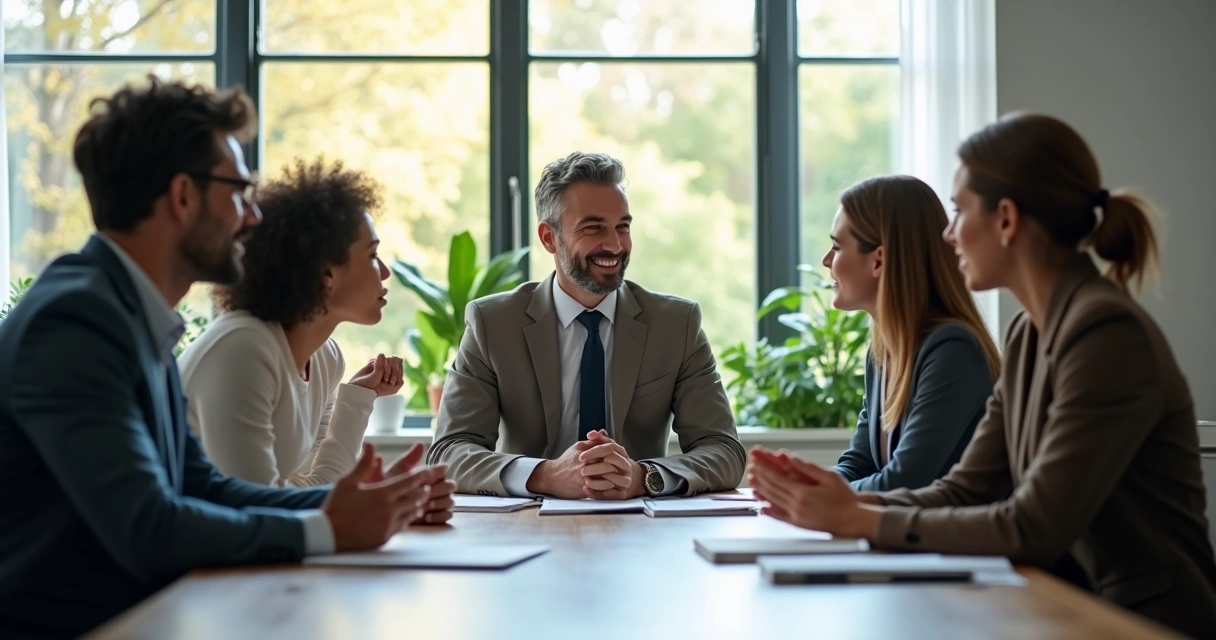Líder de equipe mediando discussão entre colegas em escritório moderno 