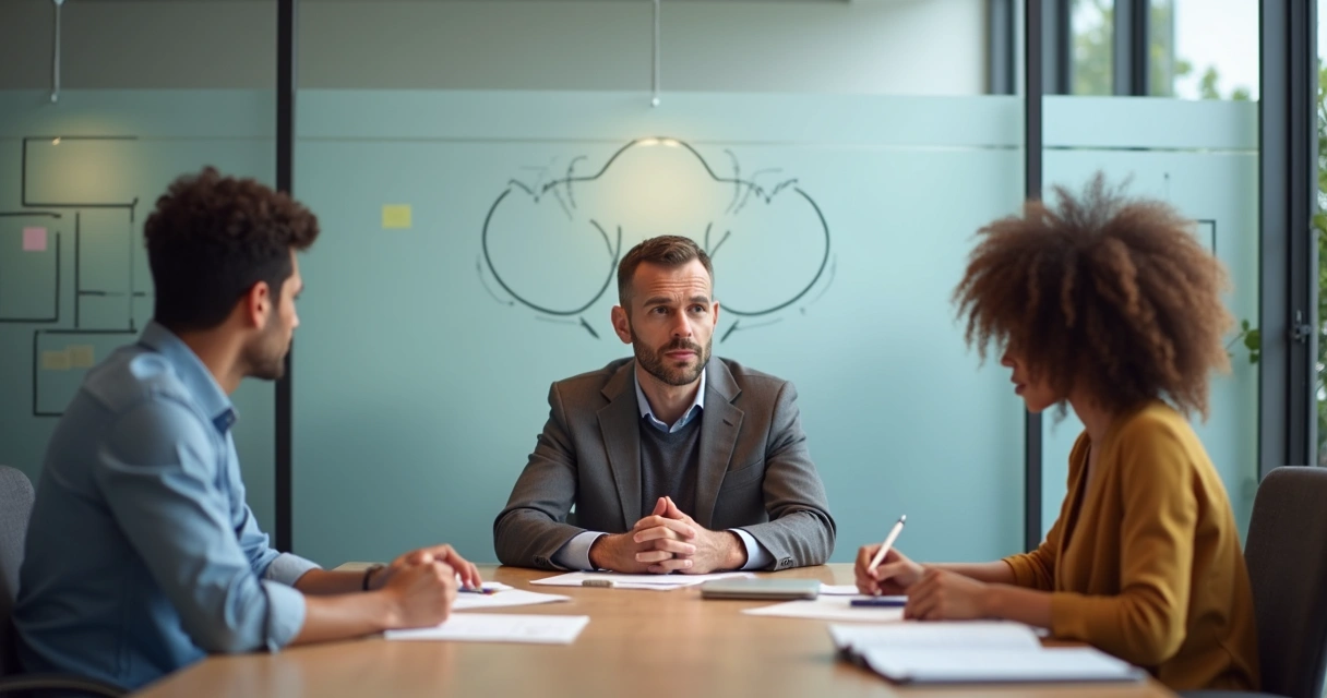 Líder mediando conversa entre dois colegas em sala de reunião moderna 