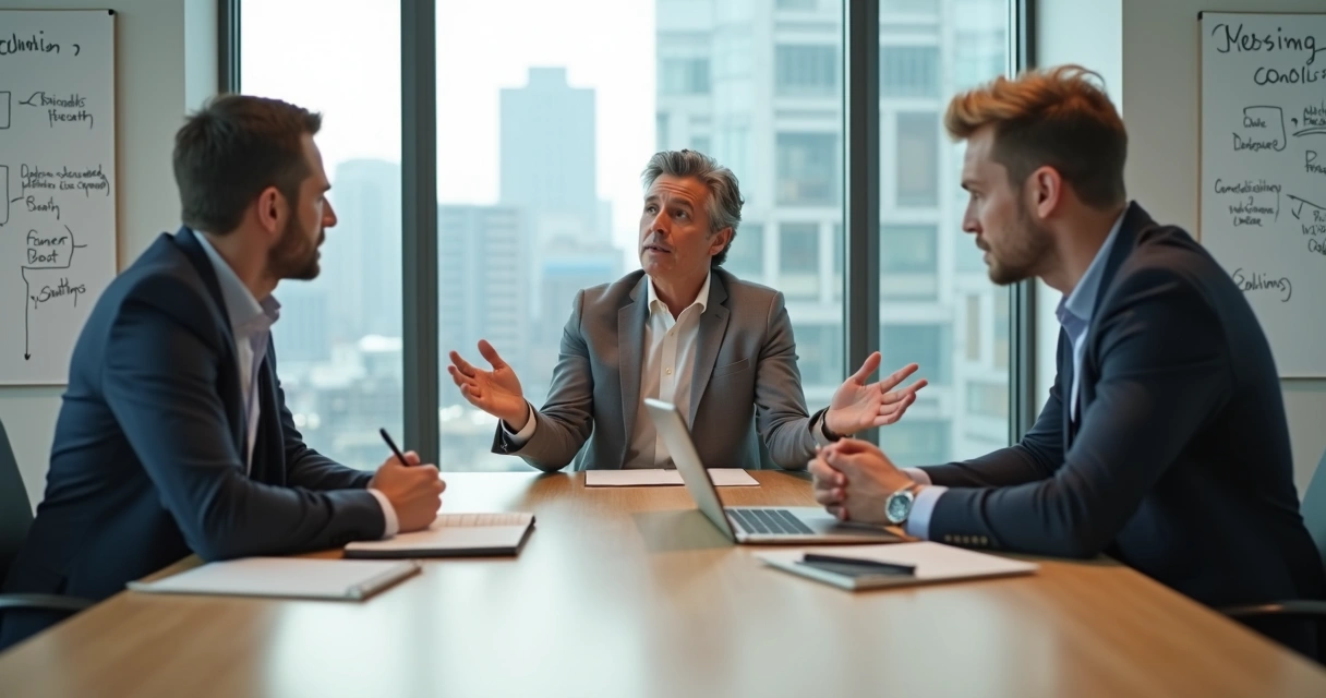 Líder escutando dois profissionais em conflito em sala de reunião moderna 