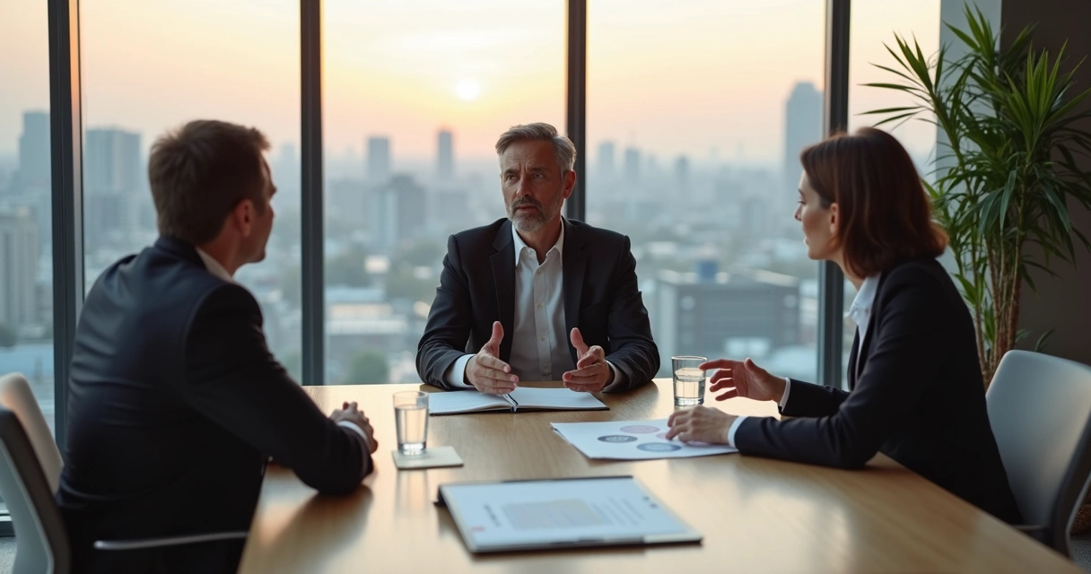 Líder mediando conflito complexo entre dois profissionais em sala de reunião moderna 