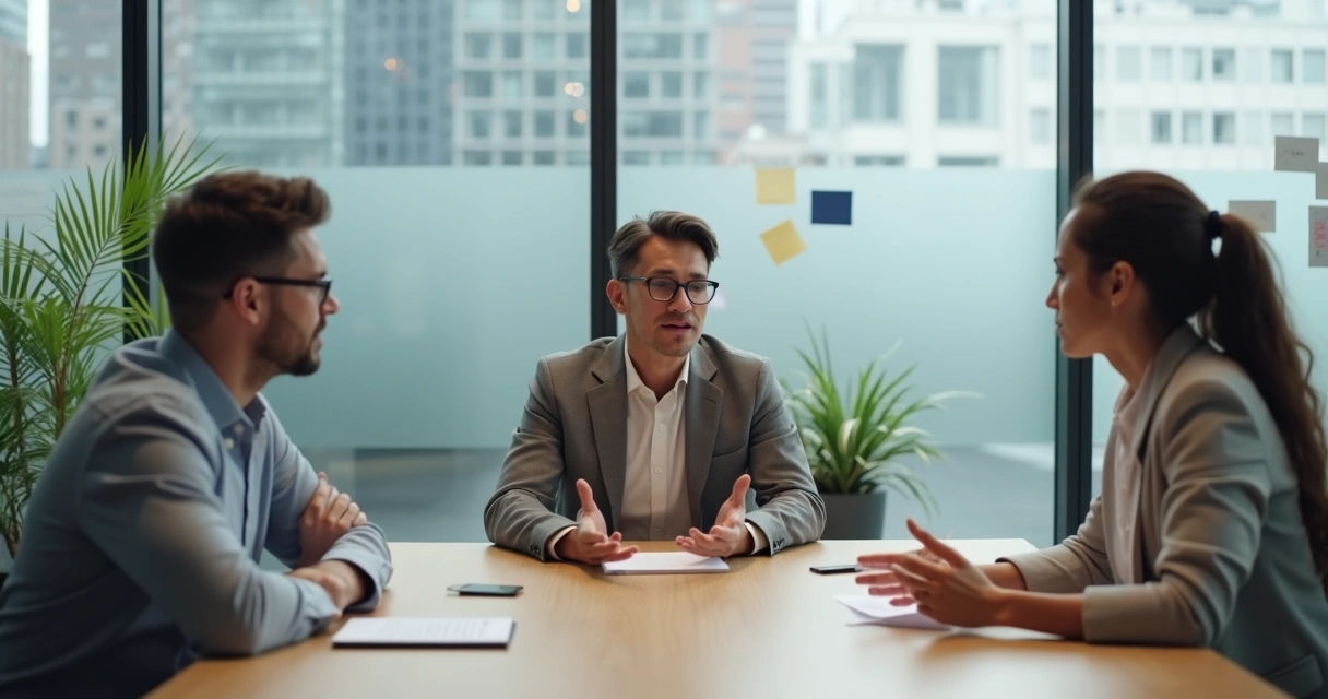 Líder mediando conflito sentado entre dois colegas em reunião de trabalho 