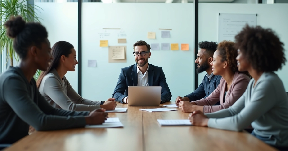 Líder mediando conflito entre dois colegas em uma reunião de equipe 