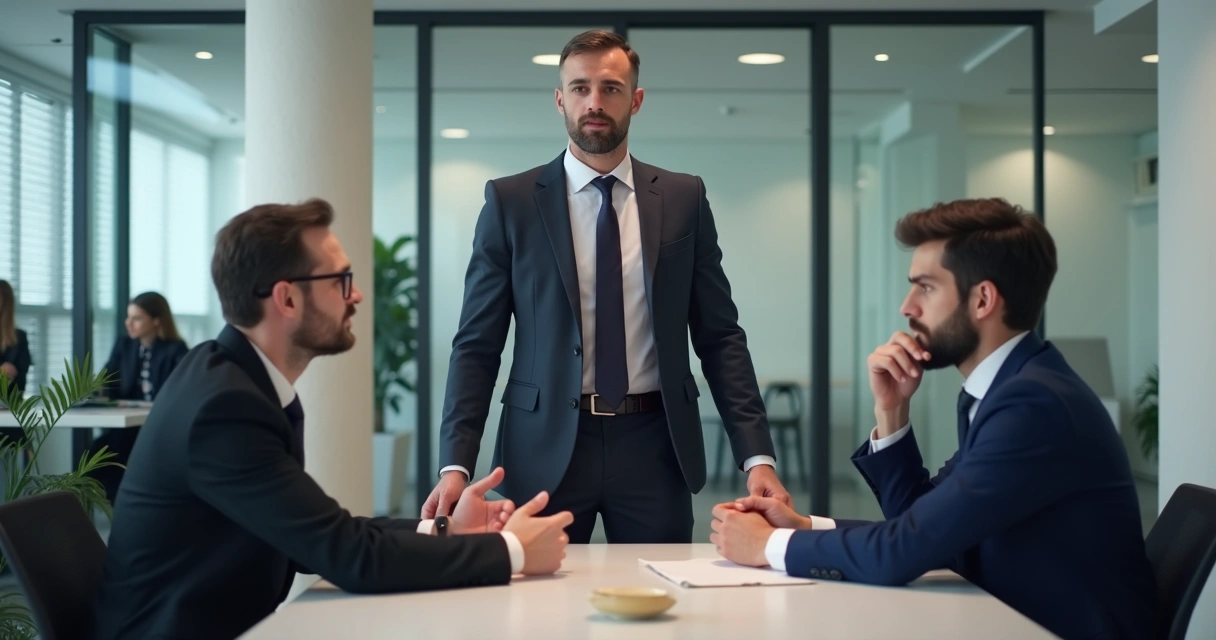 Líder conversa com duas pessoas afastadas demonstrando tensão em ambiente corporativo 