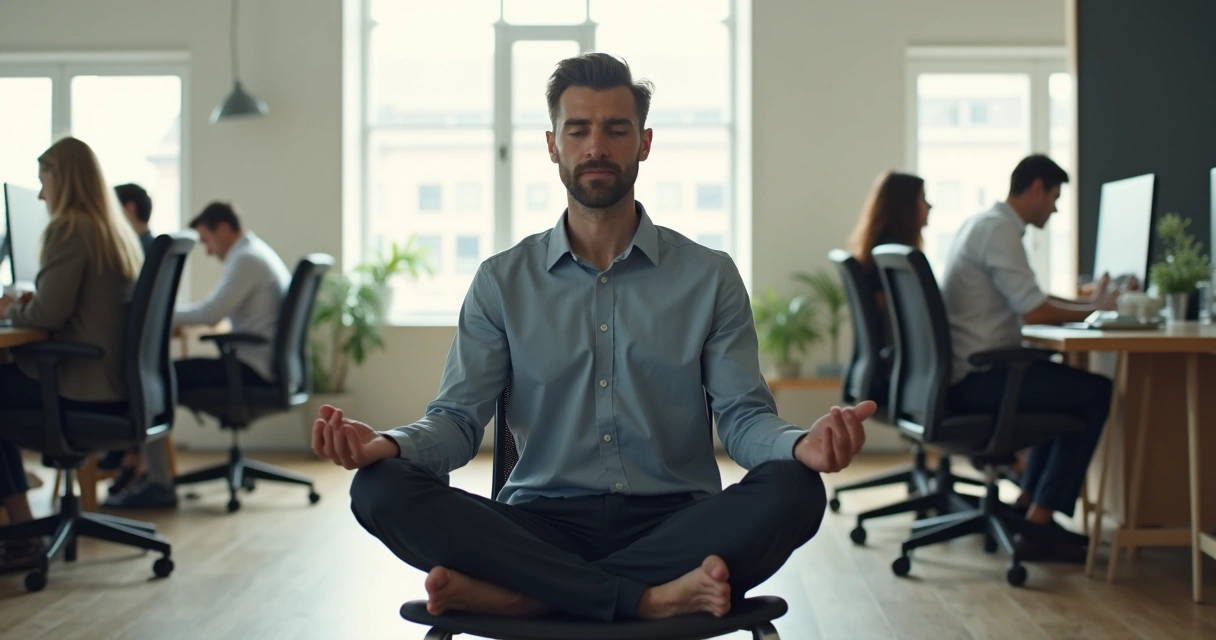 Pessoa sentada em posição de meditação em ambiente de trabalho, colegas ao fundo em segundo plano 