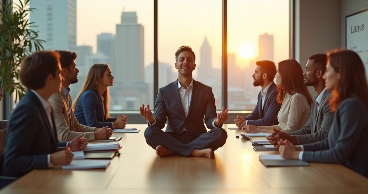Líder sentado em posição de meditação diante de equipe em reunião tranquila 