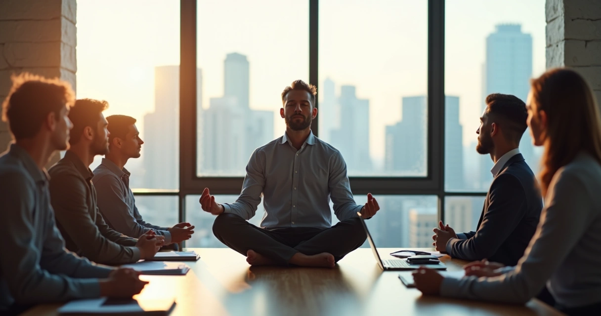 Pessoa sentada em posição de meditação, rodeada por colegas em uma sala de reuniões 