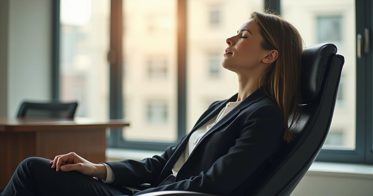 Líder sentado em cadeira de escritório com olhos fechados e mãos relaxadas nos joelhos 