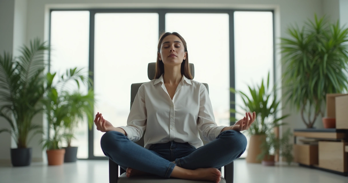 Líder sentado em cadeira de escritório com olhos fechados praticando meditação, escritório iluminado ao fundo e plantas decorativas 