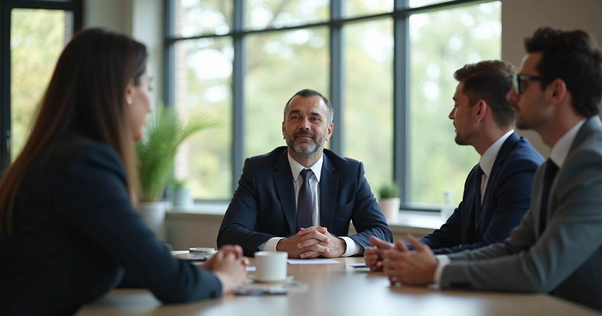 Executivo sentado em mesa de reunião, olhos fechados, ambiente calmo